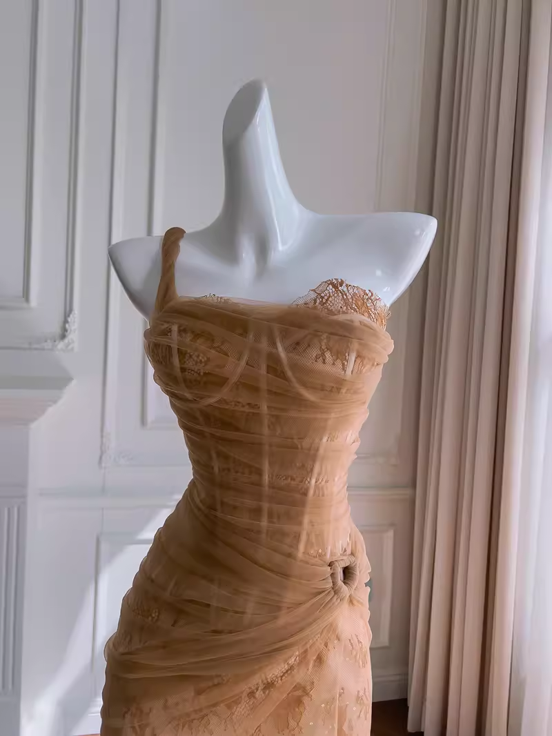 Sexy Sheath One Shoulder Tulle Lace Champagne Birthday Outfit Homecoming Dresses