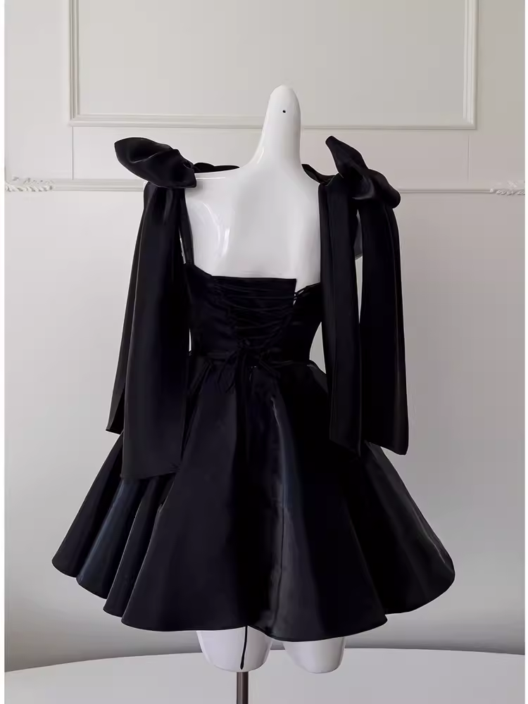 Sexy A line Straps Black Satin Birthday Outfit Homecoming Dresses
