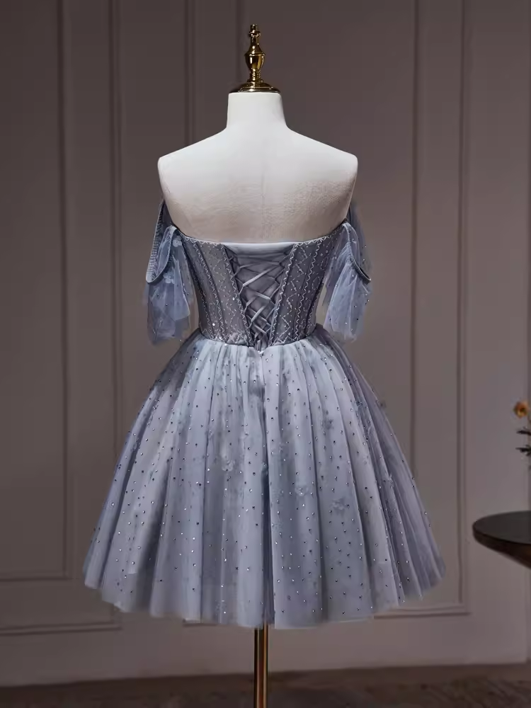 Sexy A line Off The Shoulder Tulle Gray Blue Homecoming Dresses