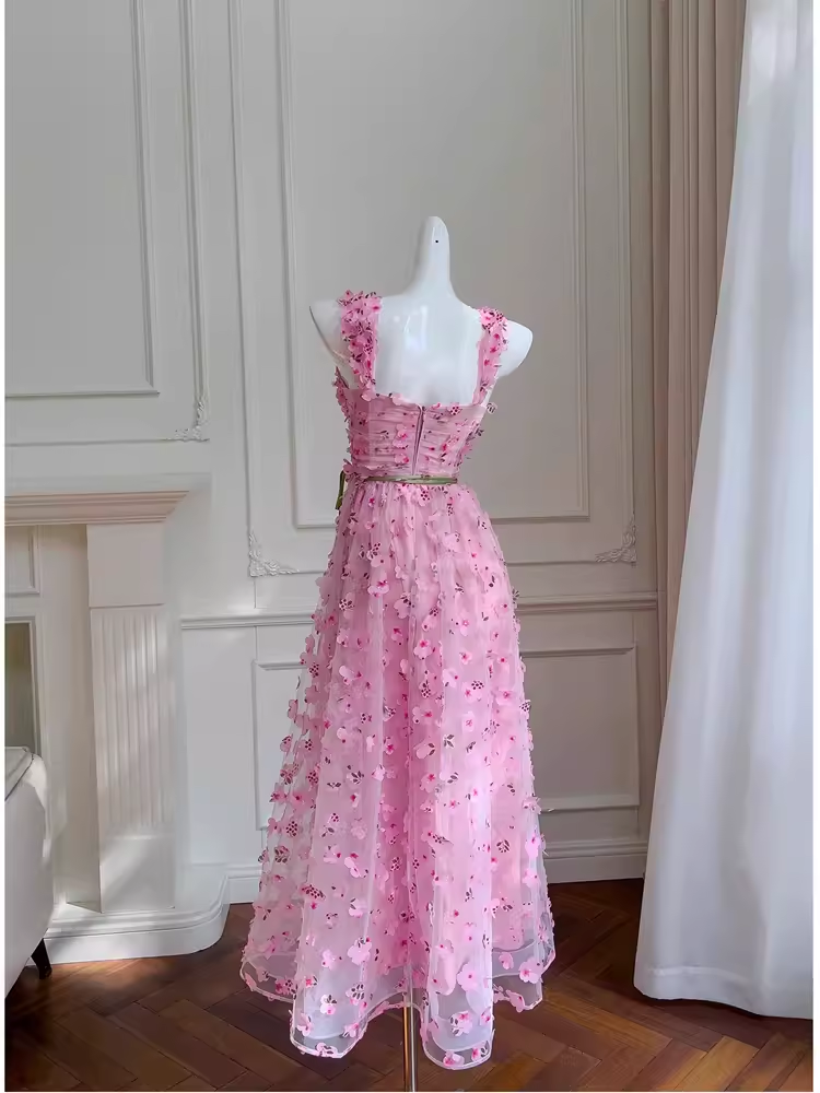 Cute A Line Pink Tulle Flowers Long Prom Dress
