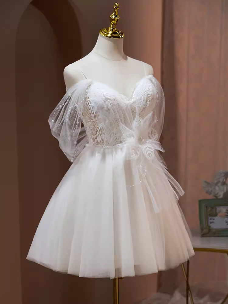 Sexy A line Off The Shoulder Tulle White Short Homecoming Dresses