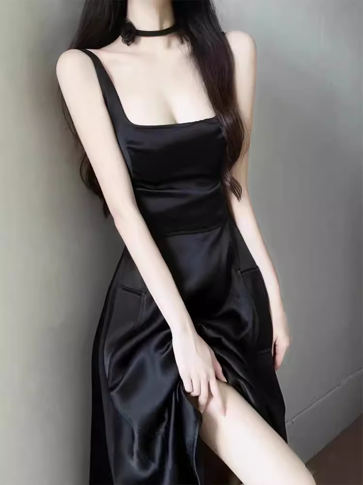 Simple A Line Straps Sleeveless Slit Black Prom Dress