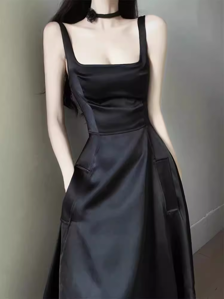 Simple A Line Straps Sleeveless Slit Black Prom Dress