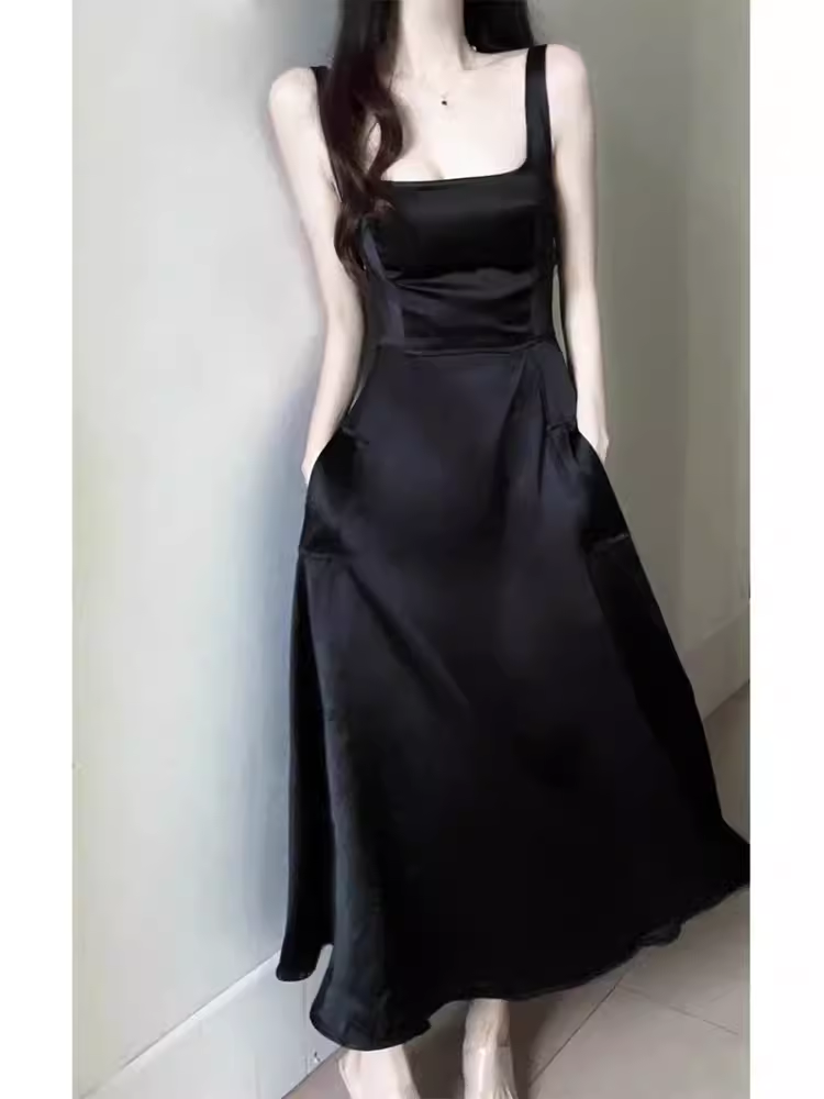 Simple A Line Straps Sleeveless Slit Black Prom Dress