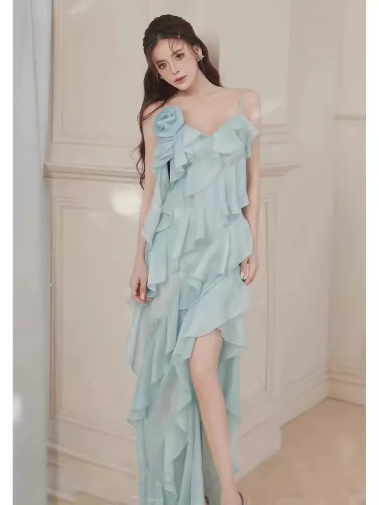 Simple A Line Spaghetti Straps Sleeveless Slit Chiffon Prom Dress