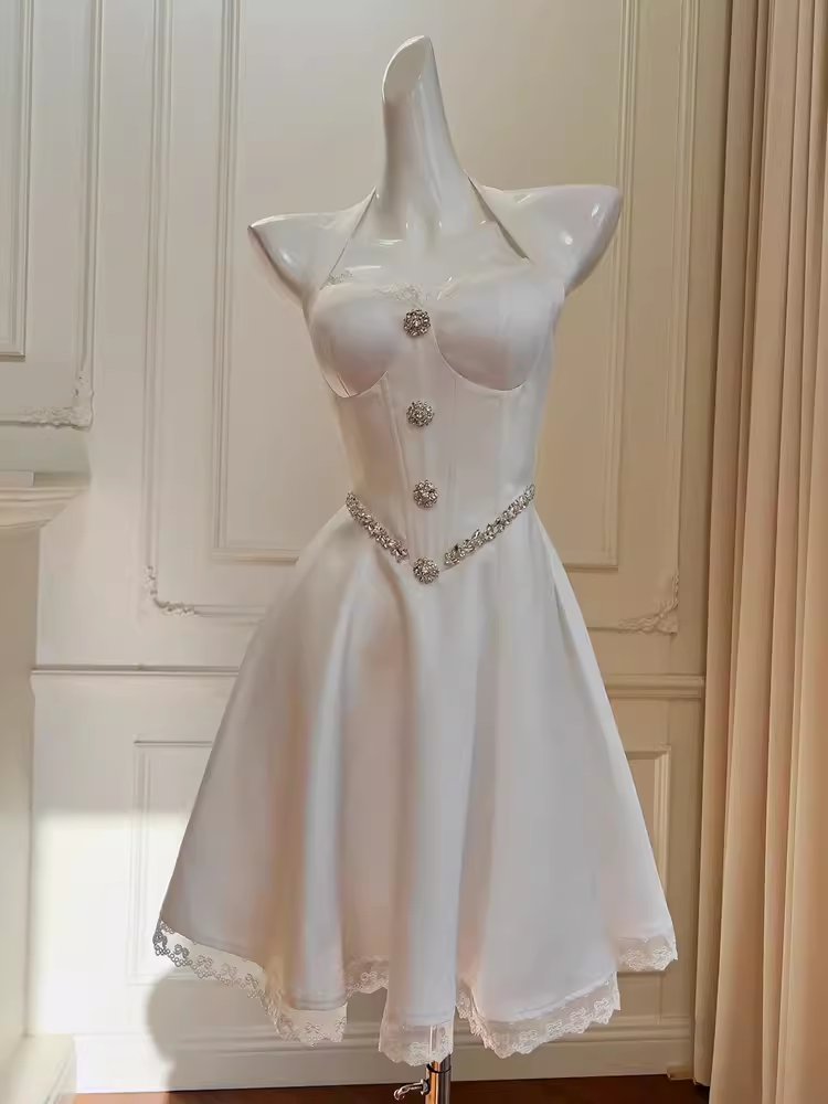 A Line Halter White Lace Homecoming Dress 18th Birthday Outfit