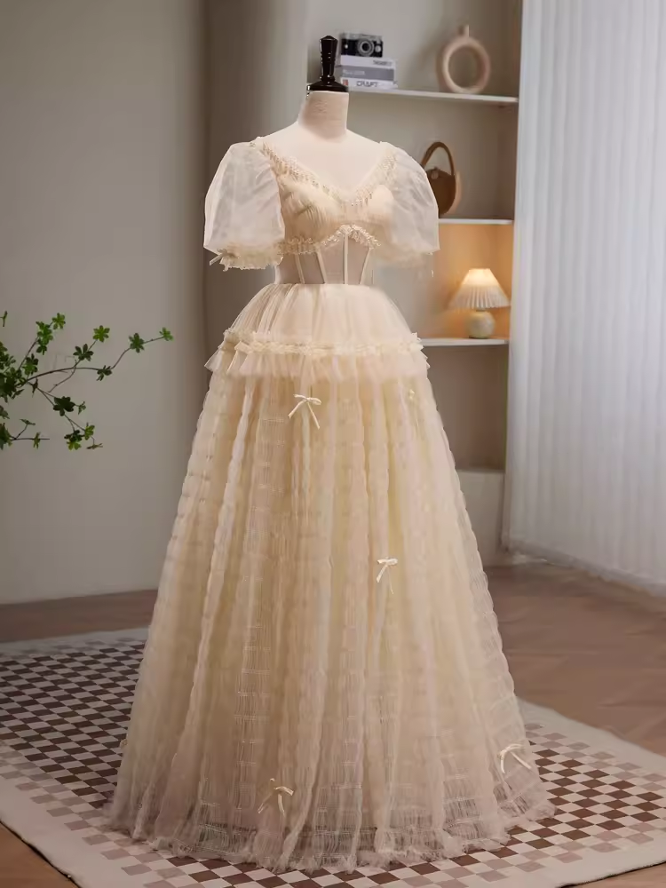 Fairytale A Line V neckline Short Sleeves Tulle Long Prom Dress