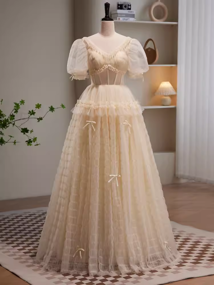 Fairytale A Line V neckline Short Sleeves Tulle Long Prom Dress