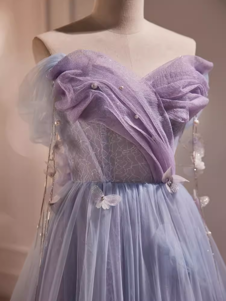Fairytale A Line Off The Shoulder Short Sleeves Tulle Long Prom Dress