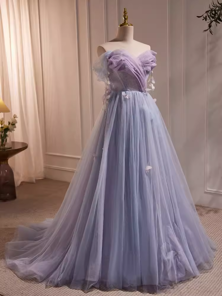 Fairytale A Line Off The Shoulder Short Sleeves Tulle Long Prom Dress