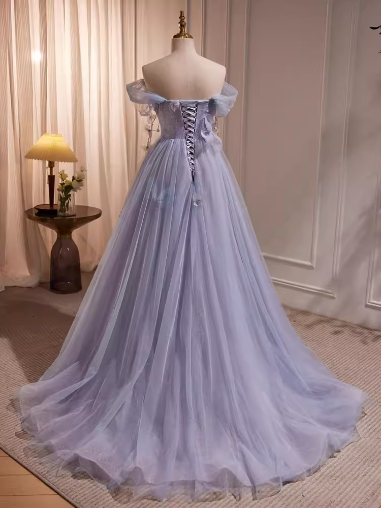 Fairytale A Line Off The Shoulder Short Sleeves Tulle Long Prom Dress