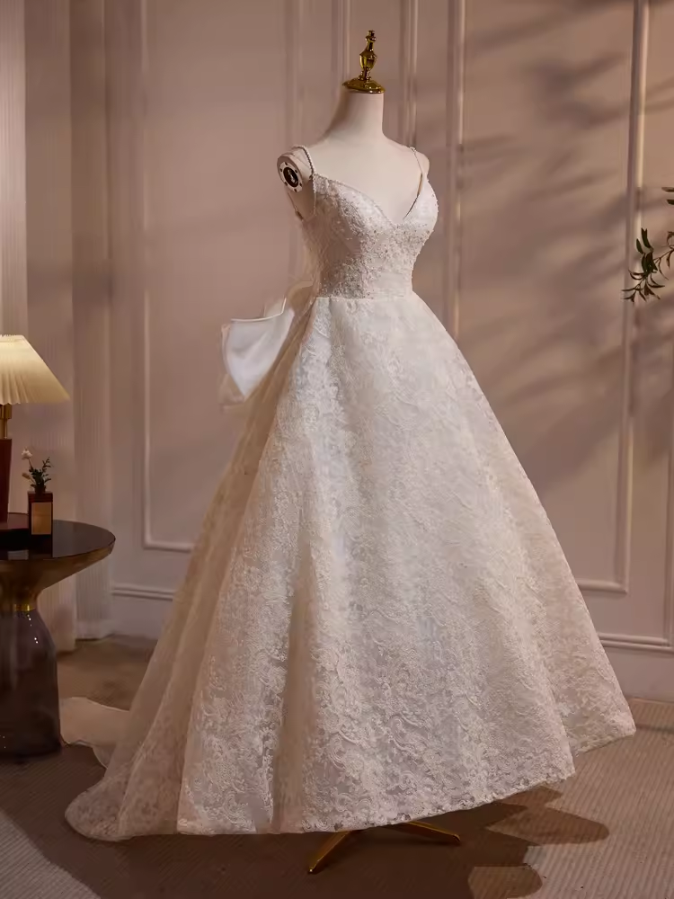 Fairytale High Low Spaghetti Straps Lace White Wedding Dresses