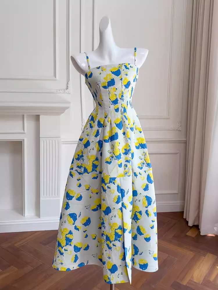 Simple A line Spaghetti Straps Satin Floral Prom Dress