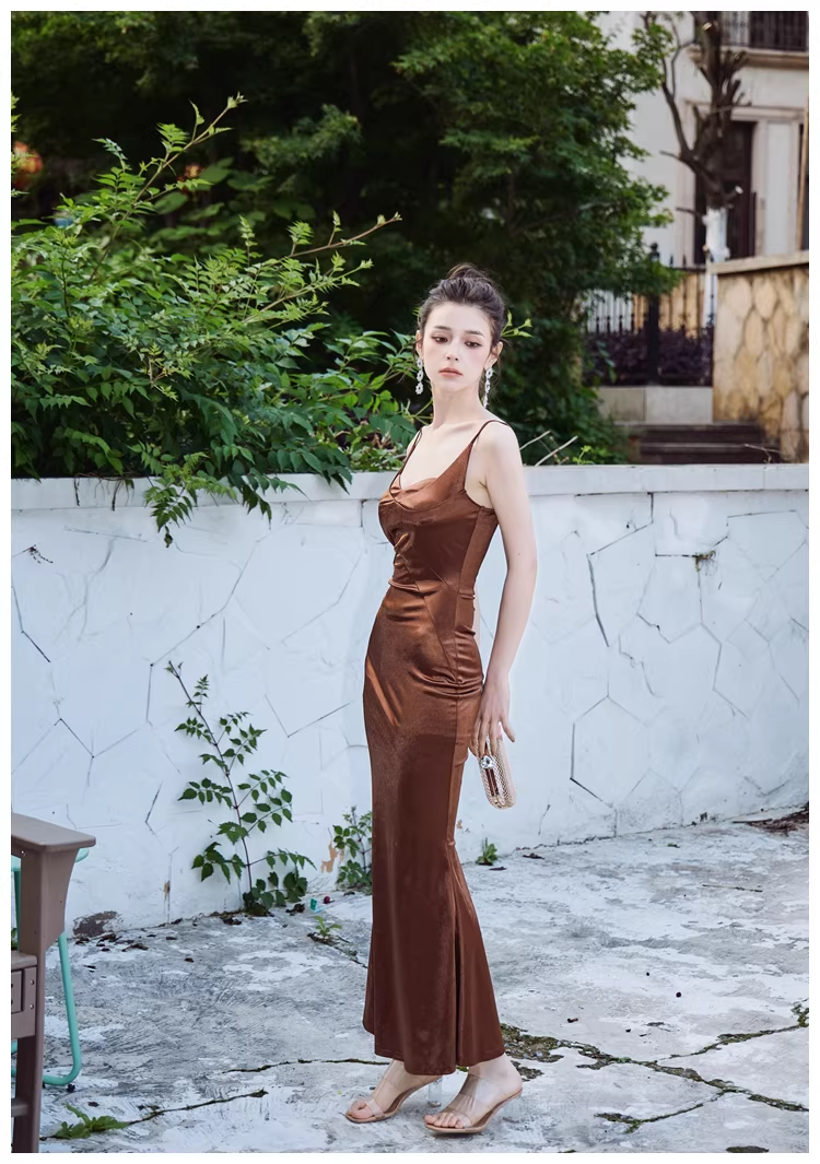 Stylish Spaghetti Straps Brown Satin Mermaid Long Evening Dress Formal Wedding Guest Dress