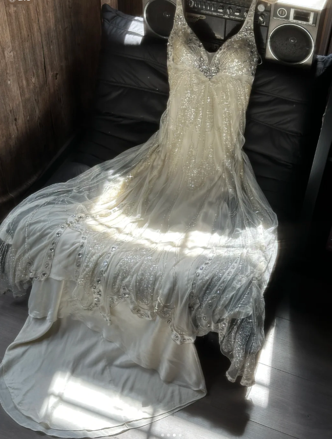Glitter Spaghetti Straps Off White Chiffon Sequin Beaded Mermaid Evening Dress Long Party Dres