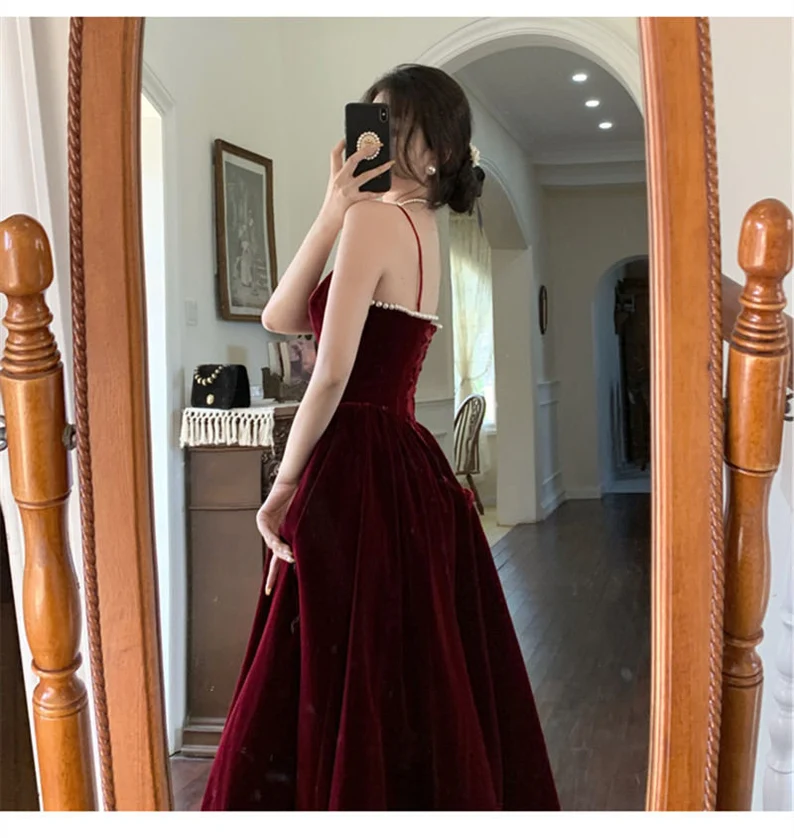 Dark Burgundy Spaghetti Straps Dress Women Prom Dress Birthday Party Dress Event Gown Dress
