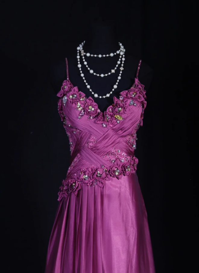 Glamorous Spaghetti Straps Satin Floral Beaded Mermaid Long Birthday Prom Dress Evening Dress