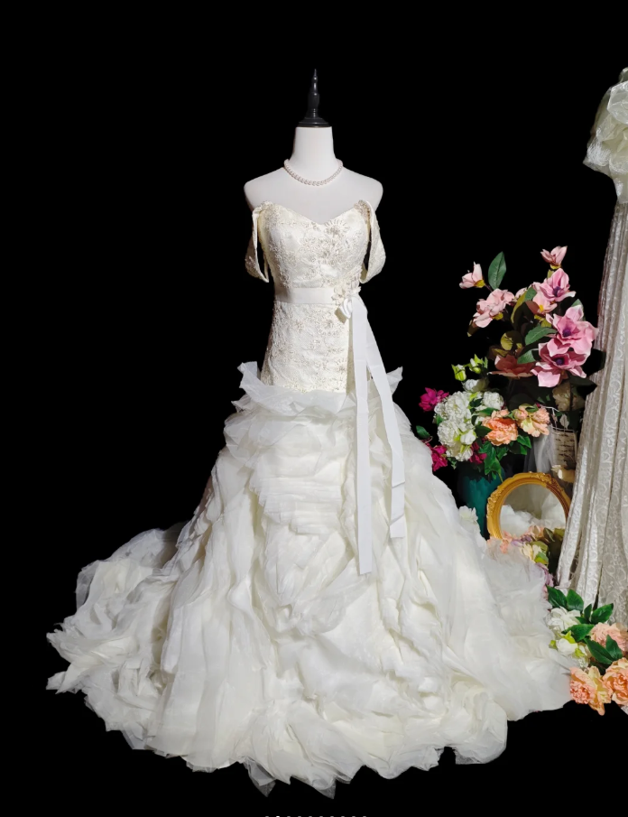 Pretty Spaghetti Straps Satin Appliques Beaded Tulle Pleated Mermaid Long Wedding Dress Bridal Dress