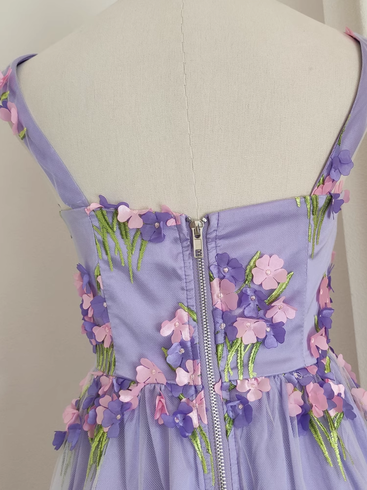 Cute A line Straps Sleeveless Lilac Floral Party Dress Short Birthday Outfits