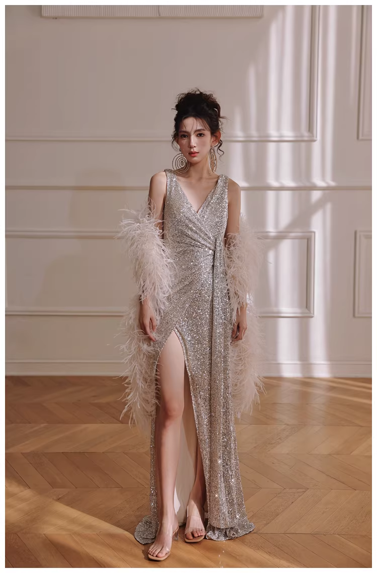 Glitter V Neck Silver Sequin Slit Mermaid Long Evening Dress Birthday Dress