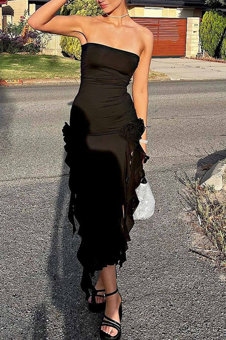 Sexy Black Strapless Black Slit Prom Dress Ruffles Party Dress With Floral