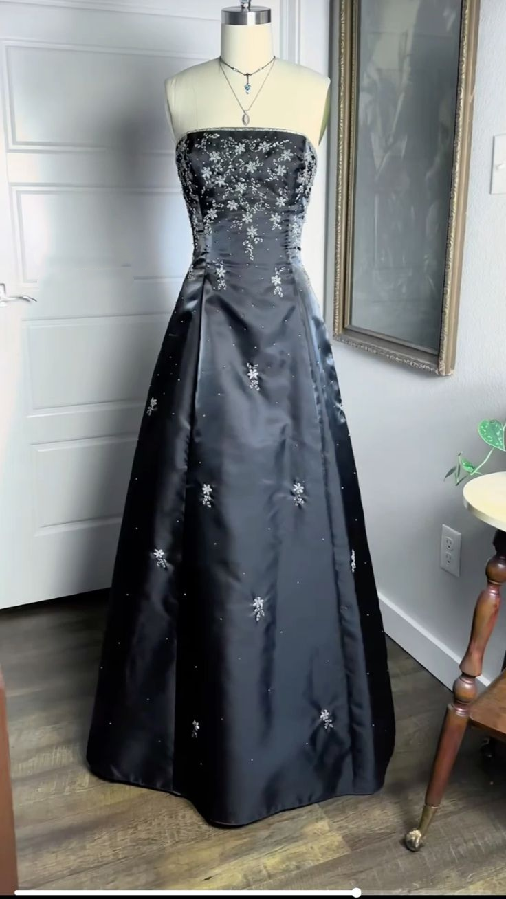 Vintage Strapless Black Satin Beaded A Line Long Party Dress Evening Dress