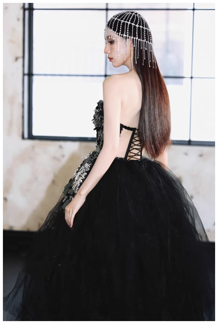 Gorgeous Strapless Black Tulle Sequin A Line Long Evening Dress Birthday Dress