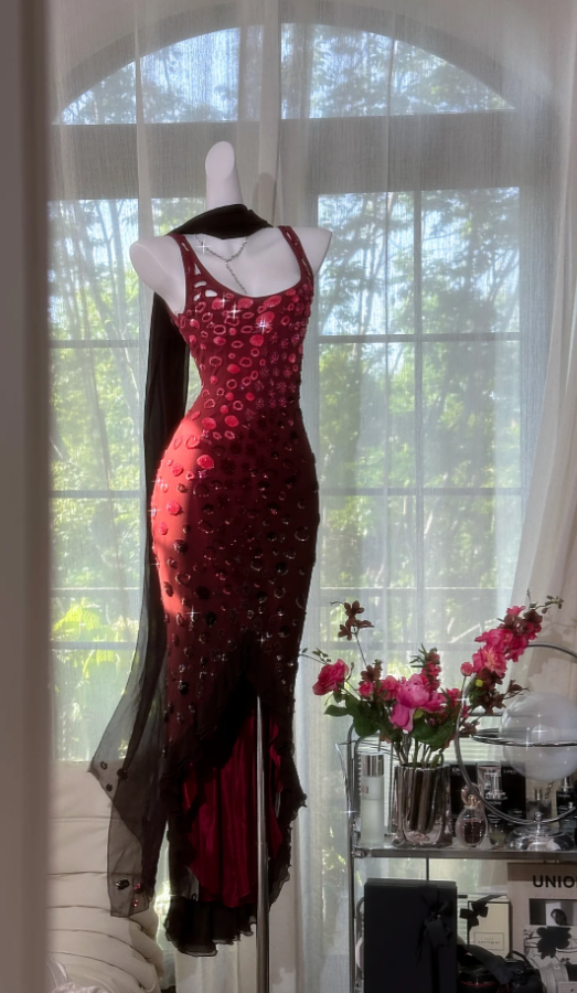 Vintage Burgundy Chiffon Beaded Mermaid Long Party Dress Evening Dress With Ribbon