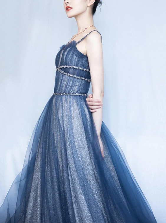 Shiny tulle long A line prom dress blue evening dress