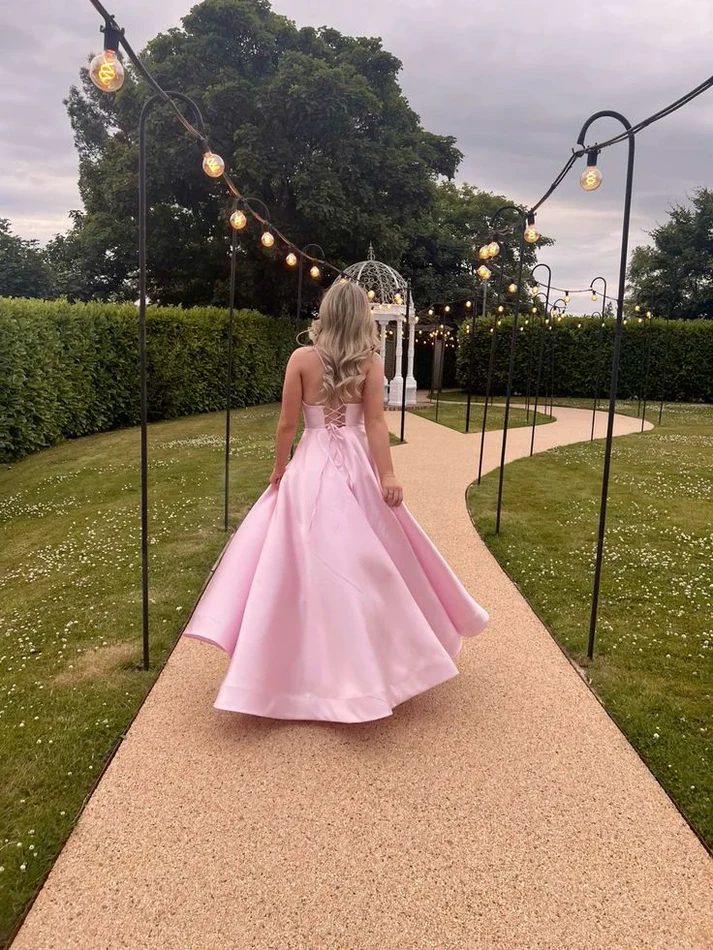 Pink V Neck A Line Party Dress Satin Long Prom Dress