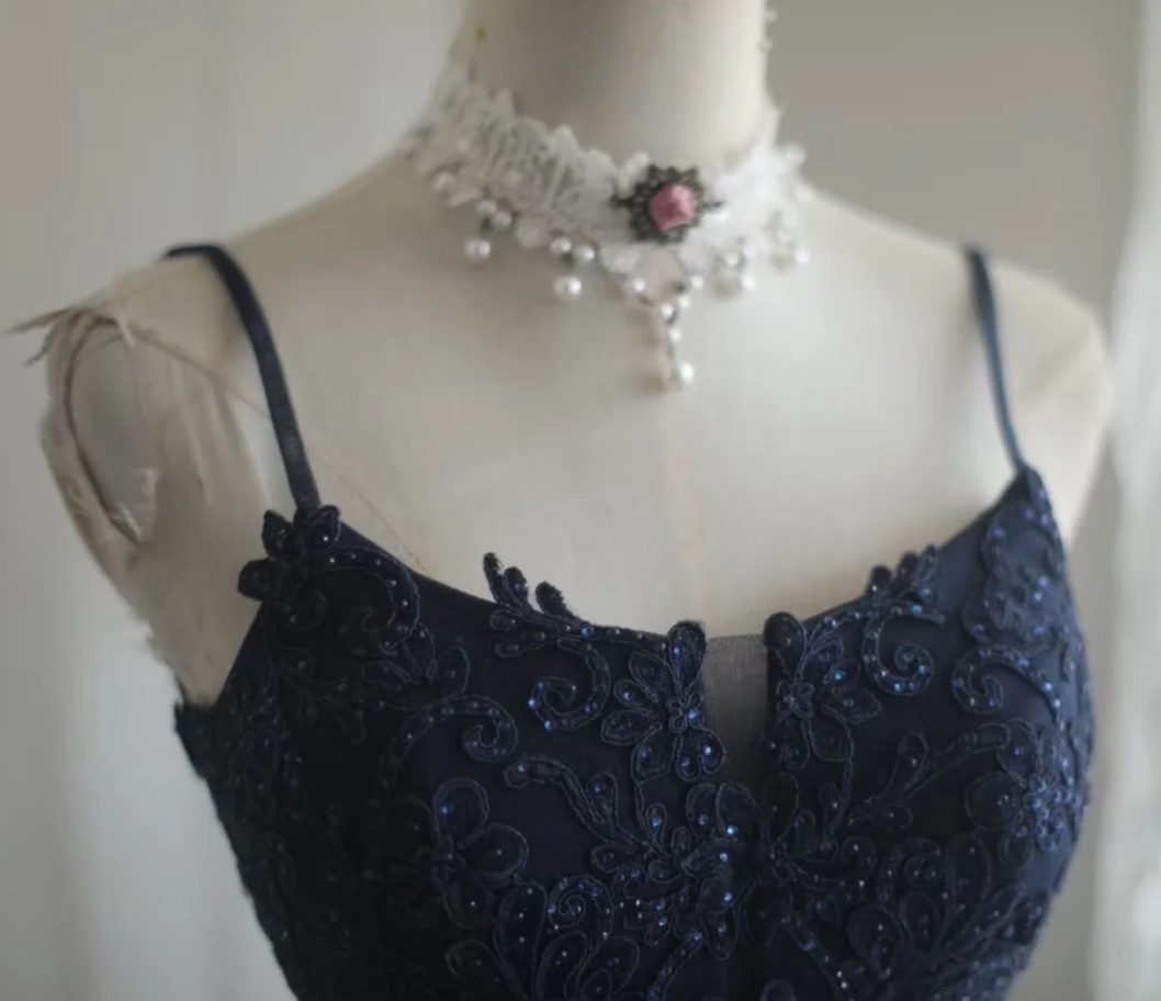 Elegant Spaghetti Straps Navy Blue Tulle Lace Appliques Mermaid Evening Dress Birthday Outfits