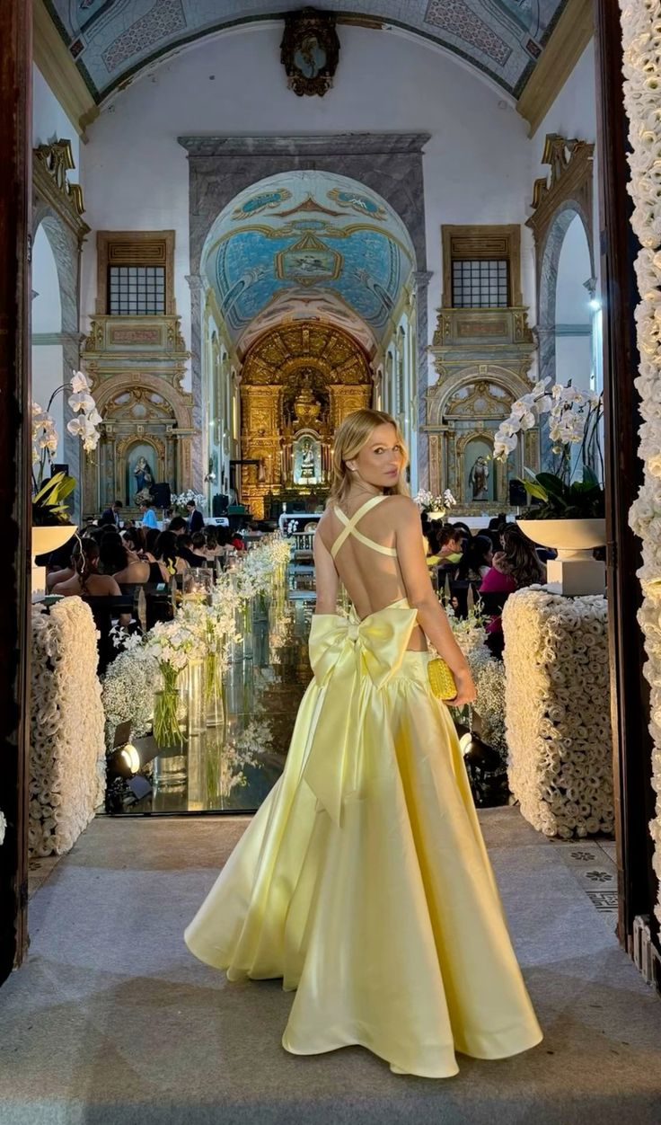 Cute Yellow satin Backless Long Wedding Guest Dress Formal Party Dress With Bow