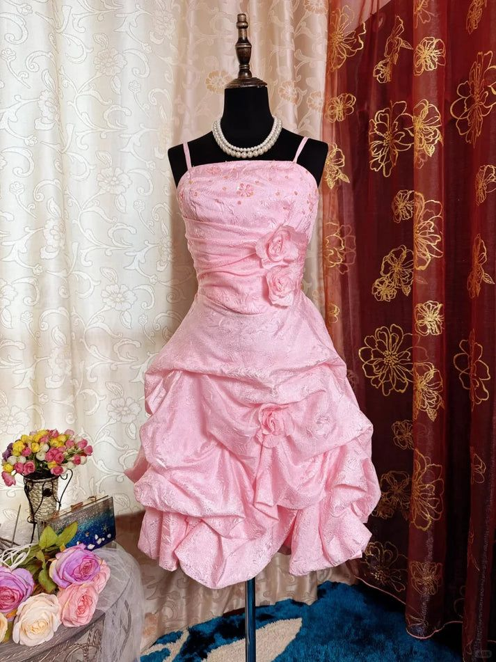 Vintage Pink Satin Pleated Short Birthday Outfits Formal 7th Grade Homecoming Dress