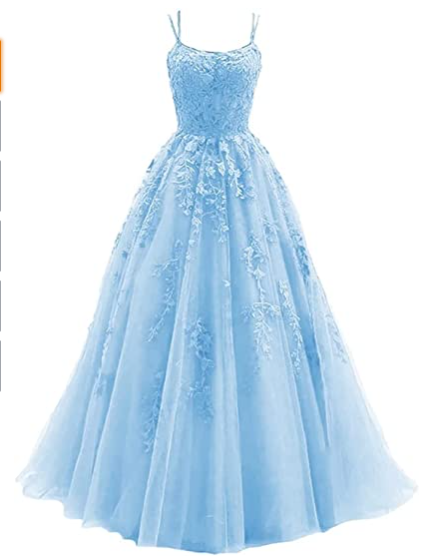 Silver spaghetti strap prom dress, long tulle lace appliquéd women's party dress