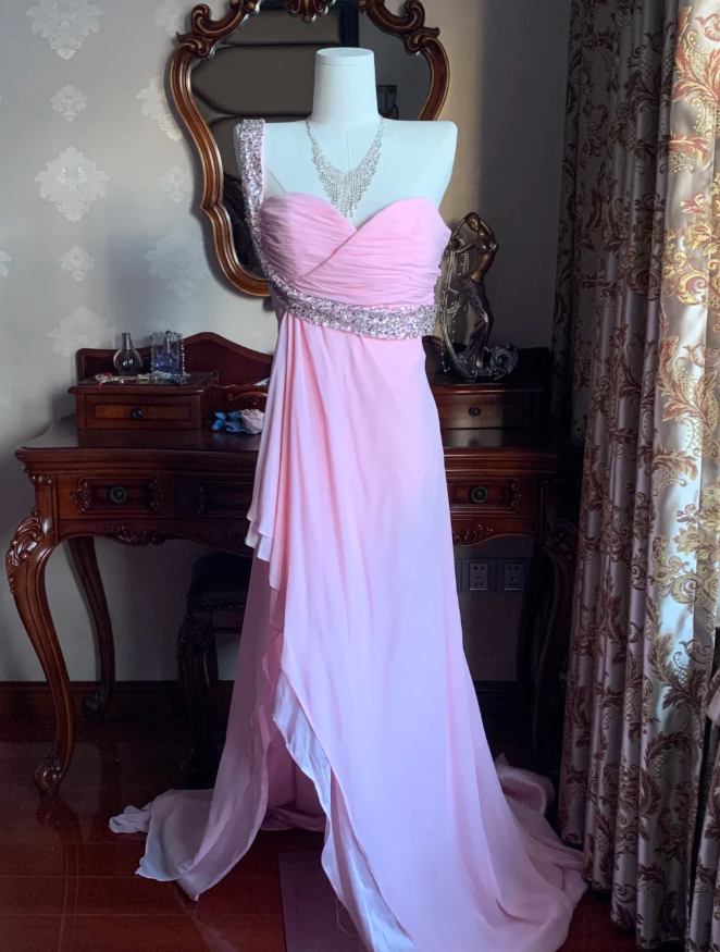 Classy One Shoulder Chiffon Beaded Mermaid Long Wedding Guest Dress Pink Evening Dress