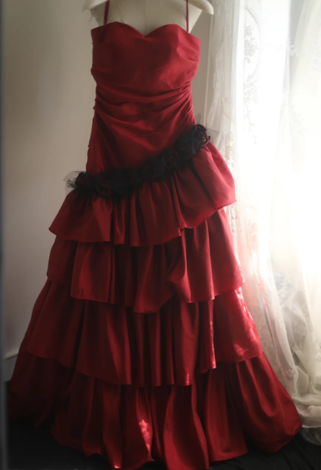 Vintage Red Strapless Satin Layered Mermaid Evening Dress Long Party Dress