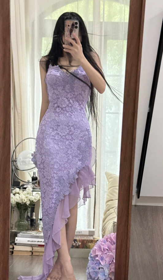 Pretty Spaghetti Straps Lavender V Neck Lace Chiffon Ruffles Long Party Dress Birthday Dress
