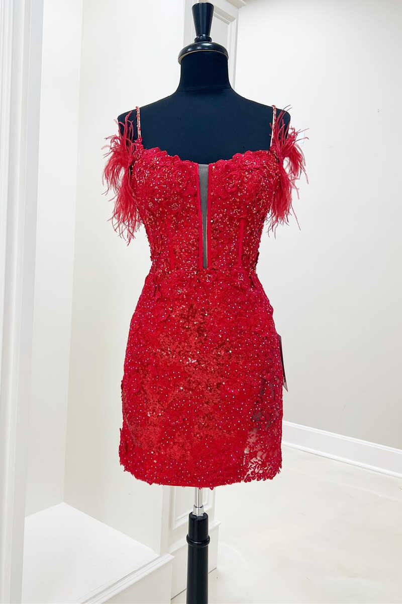 Dark Lavender Cold-Shoulder Feather Mini Homecoming Dress