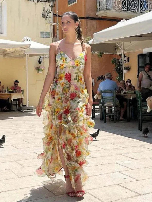 Beautiful Floral Ruffle Long Prom Dress,Formal Party Evening Gown