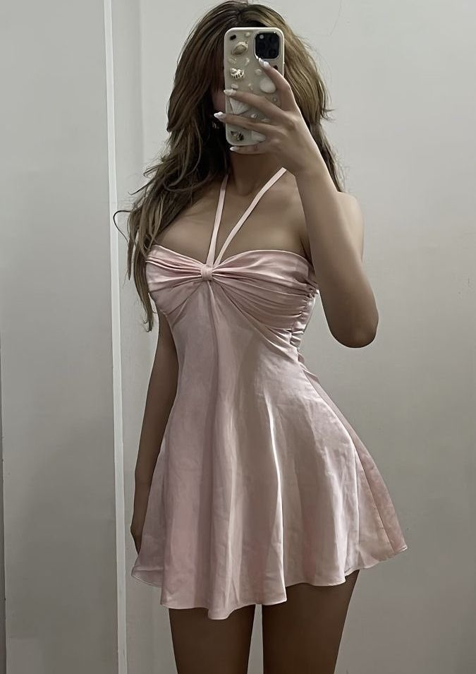 Sexy Pink Halter Satin A Line Cocktail Dress Short Graduation Homecoming Dress