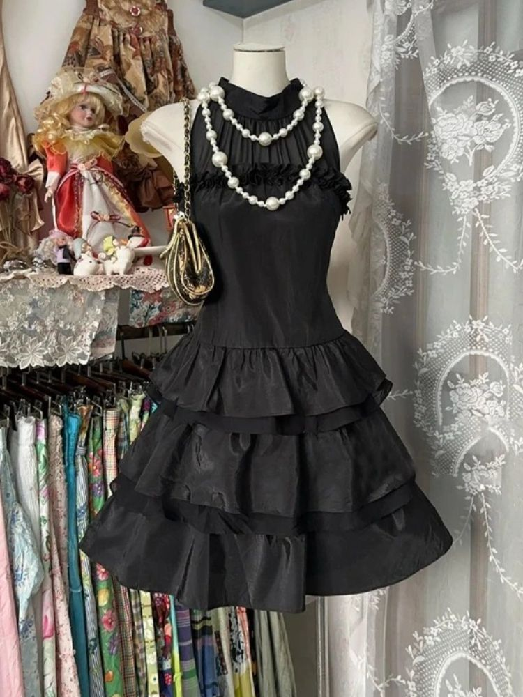 Black Vintage Halter Neck A Line Layered Mini Party Dress 6th Grade Homecoming Dress
