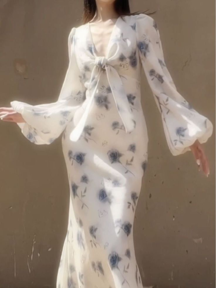 Classy Ice Blue Chiffon Rose Print Floral Prom Party Dress,Long Mermaid Evening Dress