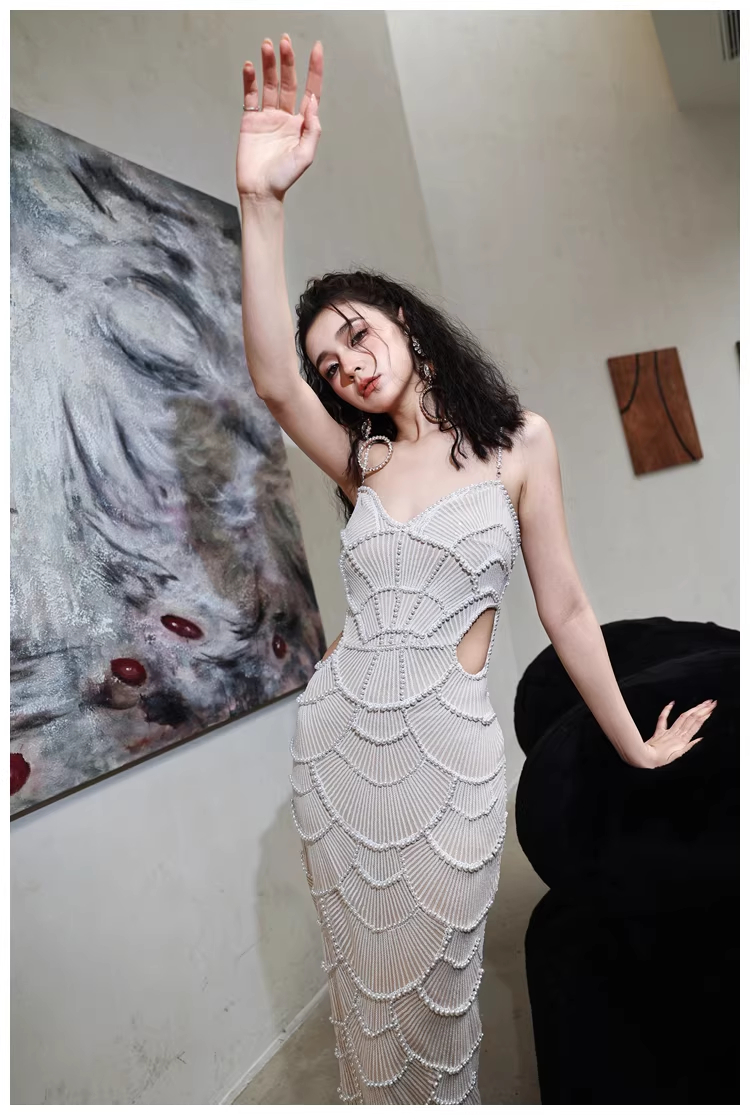 Unique Spaghetti Straps Sequin Pearls Sheath Slit Long Party Dress Birthday Evening Gown