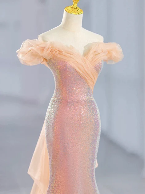 Classy Pink Sequins Off Shoulder Mermaid Party Dress Long Prom Evening Gown