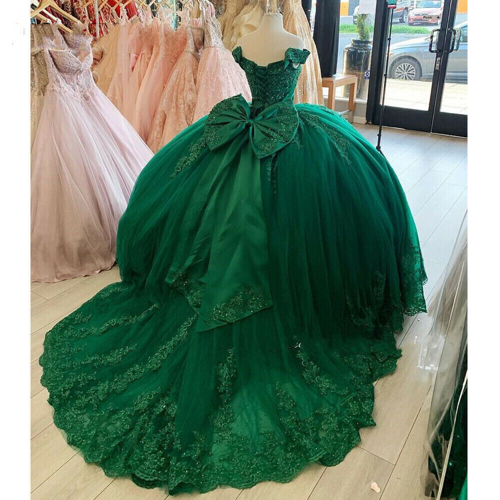 Off The Shoulder Ball Gown Satin Princess Dress With Lace Back With Big Bow