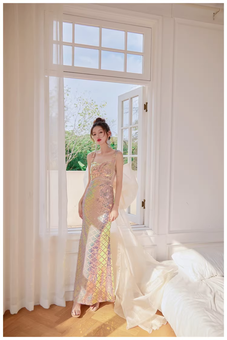 Glitter Spaghetti Straps Sequin Mermaid Long Party Dress Evening Gown With Bow