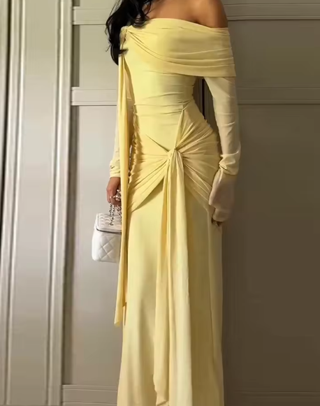 Elegant Off The Shoulder Satin Pleated Mermaid Long Party Dress Yellow Formal Wedding Guest Dress