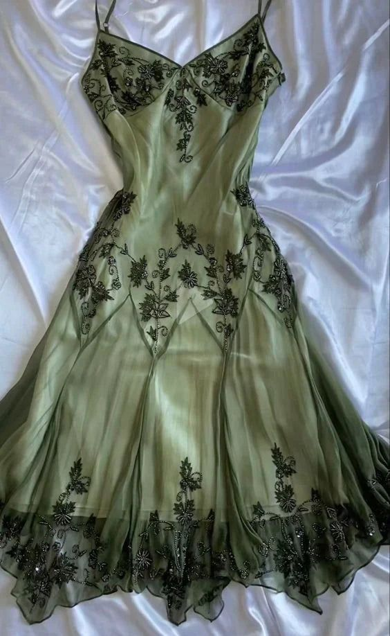 Vintage Green Straps Beaded A Line Prom Dress Party Evening Dress