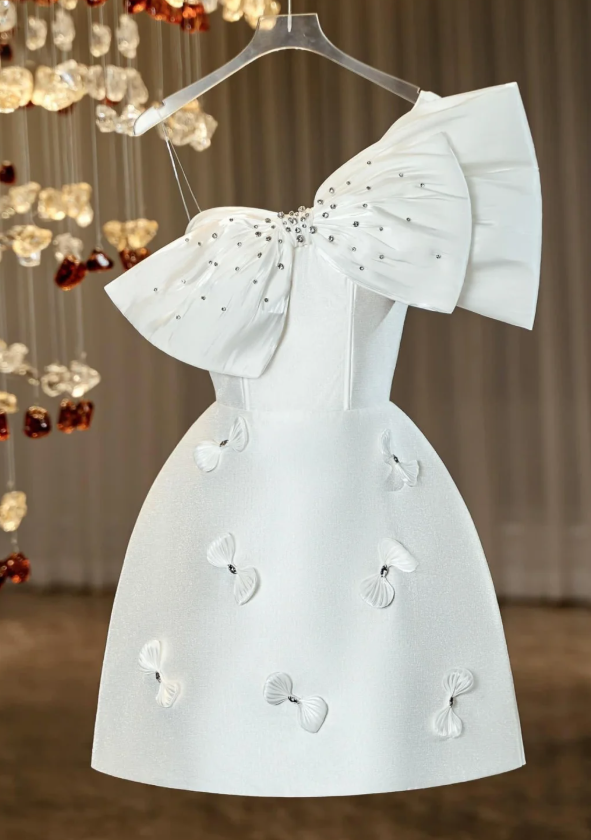 Unique One Shoulder Bow Beaded Short Birthday Dress White Homecoming Dress