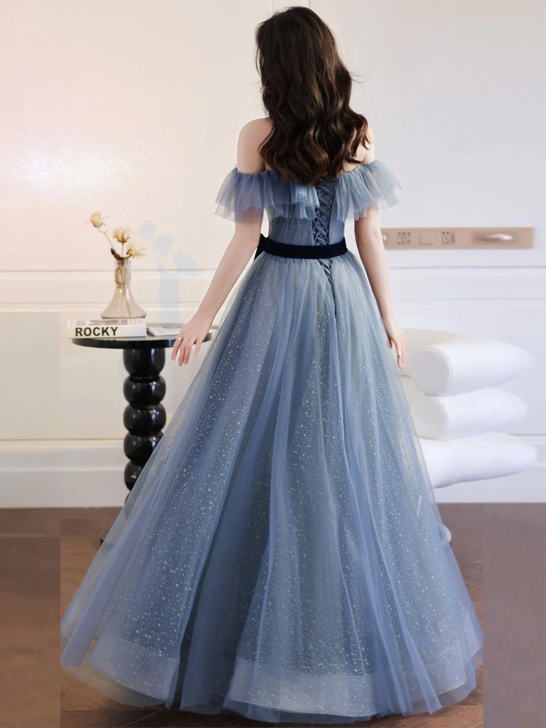 A-Line Gray Blue Off The Shoulder Long Prom Dress Tulle Evening Dress